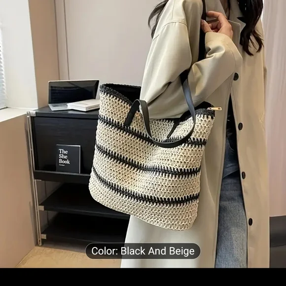 Striped Chic Woven Tote Bag - Picture 3 of 6